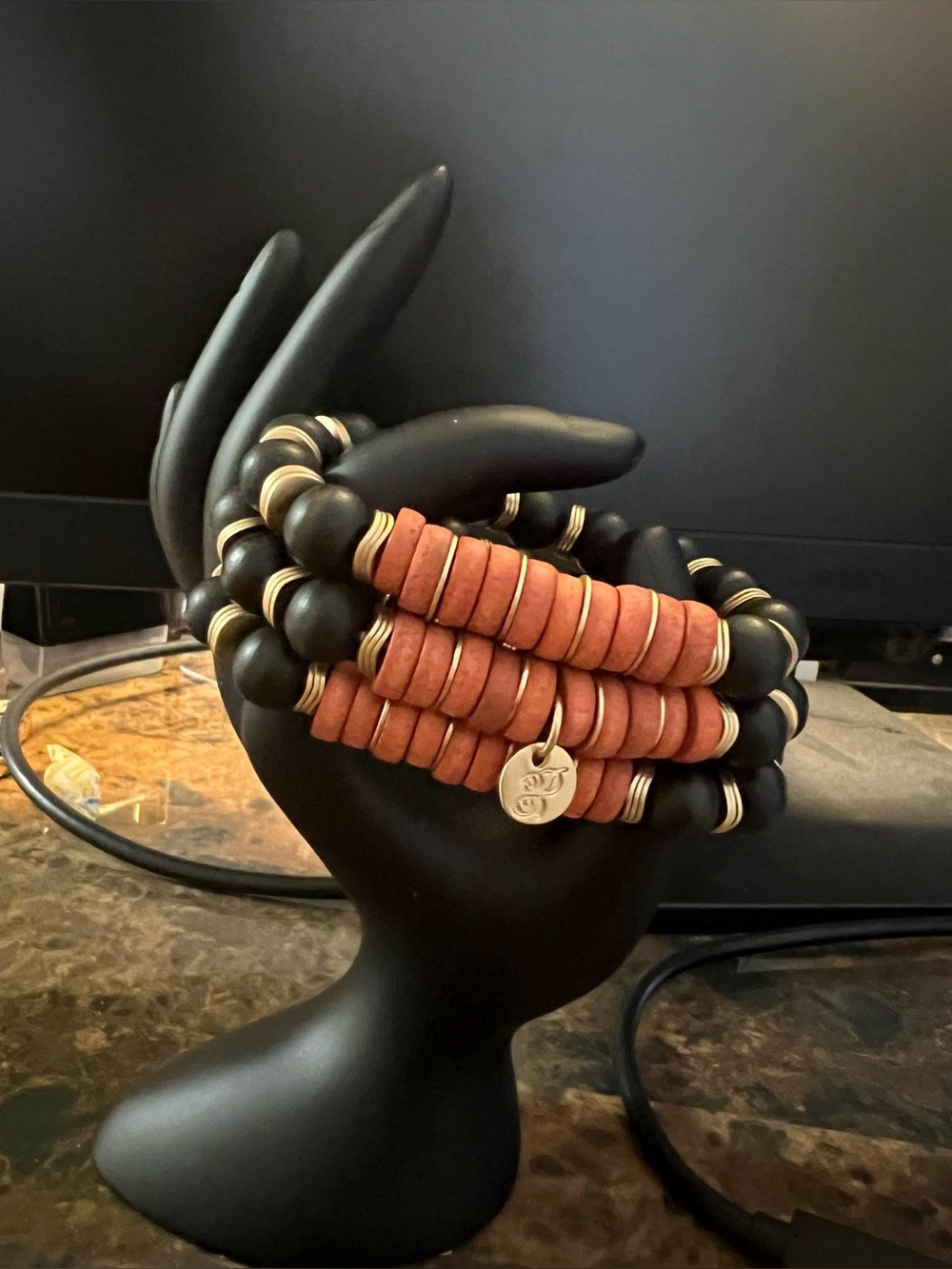 Stacked Beaded Bracelet Set - Black & Terracotta with Charm NWT